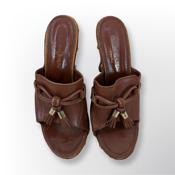 YSL Wood Heel Platform upper leather bow slides 37 - Picture 2 of 13